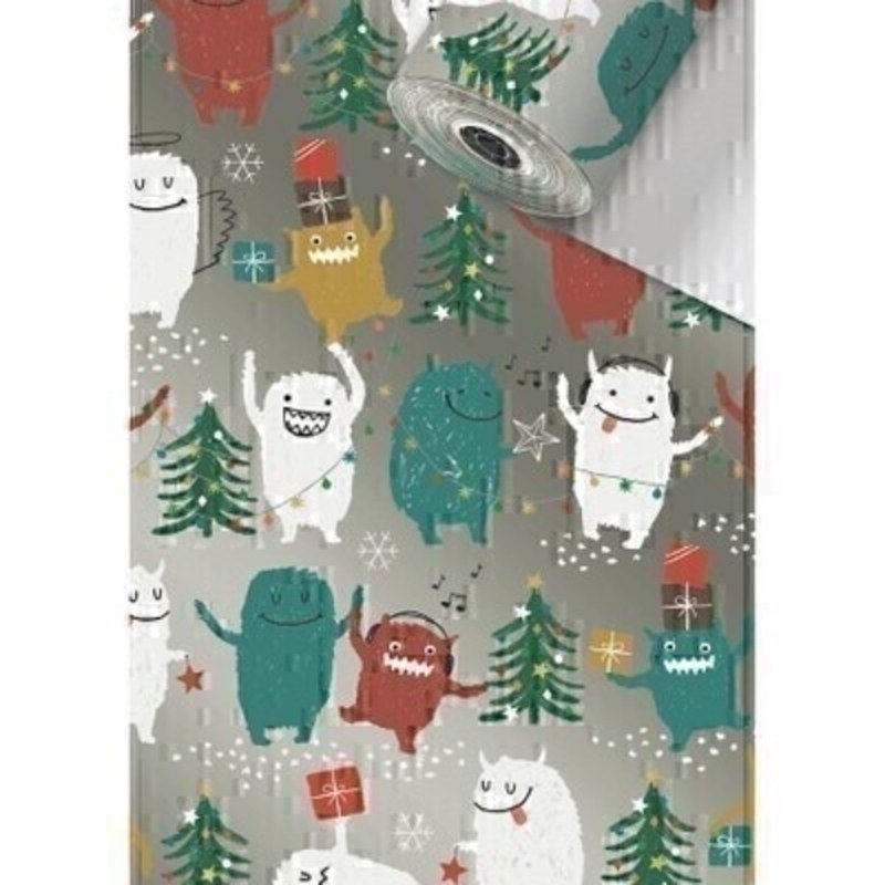 Silver festive Christmas roll wrap paper by Swiss designer Stewo featuring yeti and monsters. Coated 80gsm Christmas wrapping paper. Approx size of roll 70cm x 2metres.